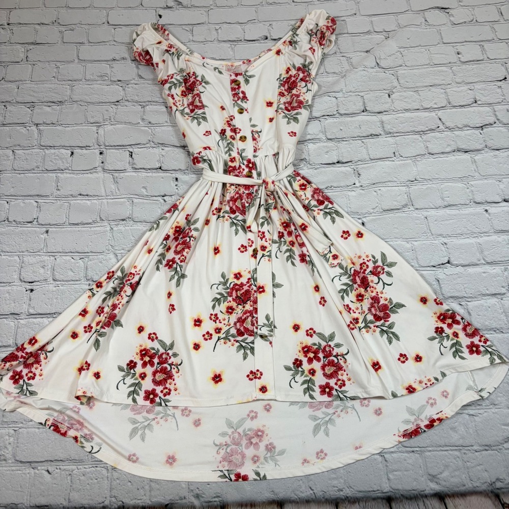 No Boundaries Women Floral High Low Dress White Red Small Button Front Belted